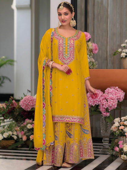 Dhiyona IE Ethnic Motifs Embroidered Round Neck Zari Straight Kurta With Palazzos & Dupatta