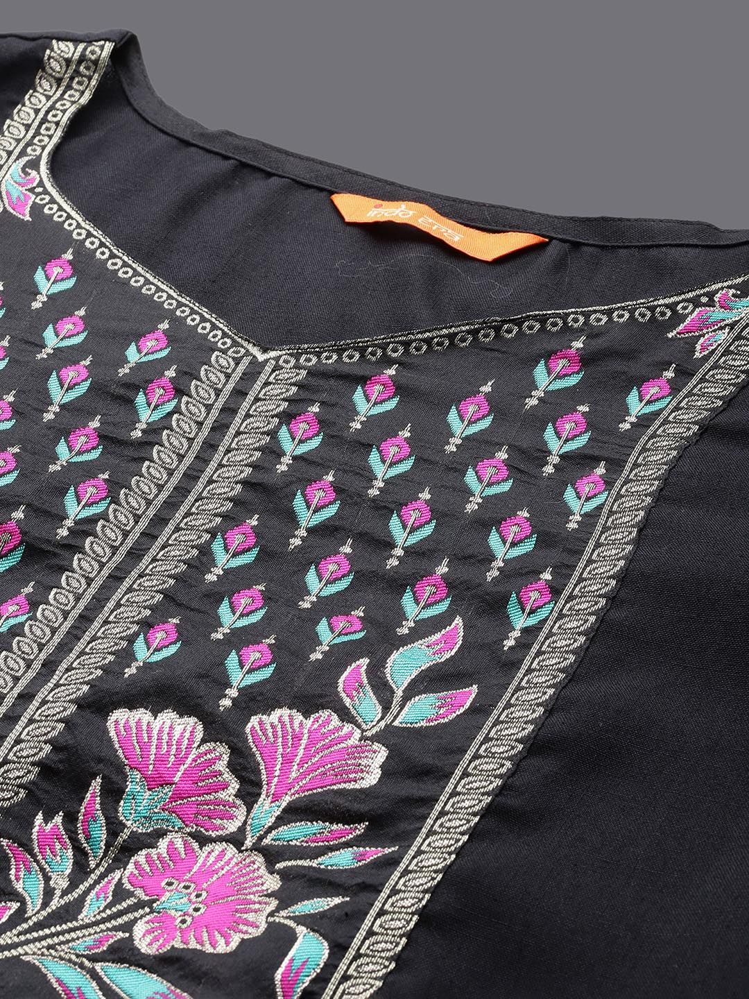 Floral Embroidered Pure Cotton Straight Kurta With Palazzos & Dupatta