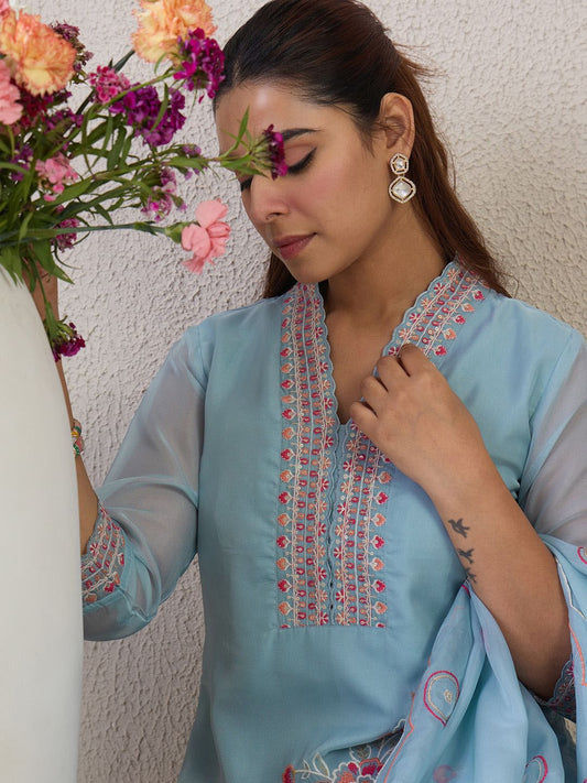 Dhiyona IE Floral Embroidered V-Neck Thread Work Straight Kurta & Trousers & Dupatta
