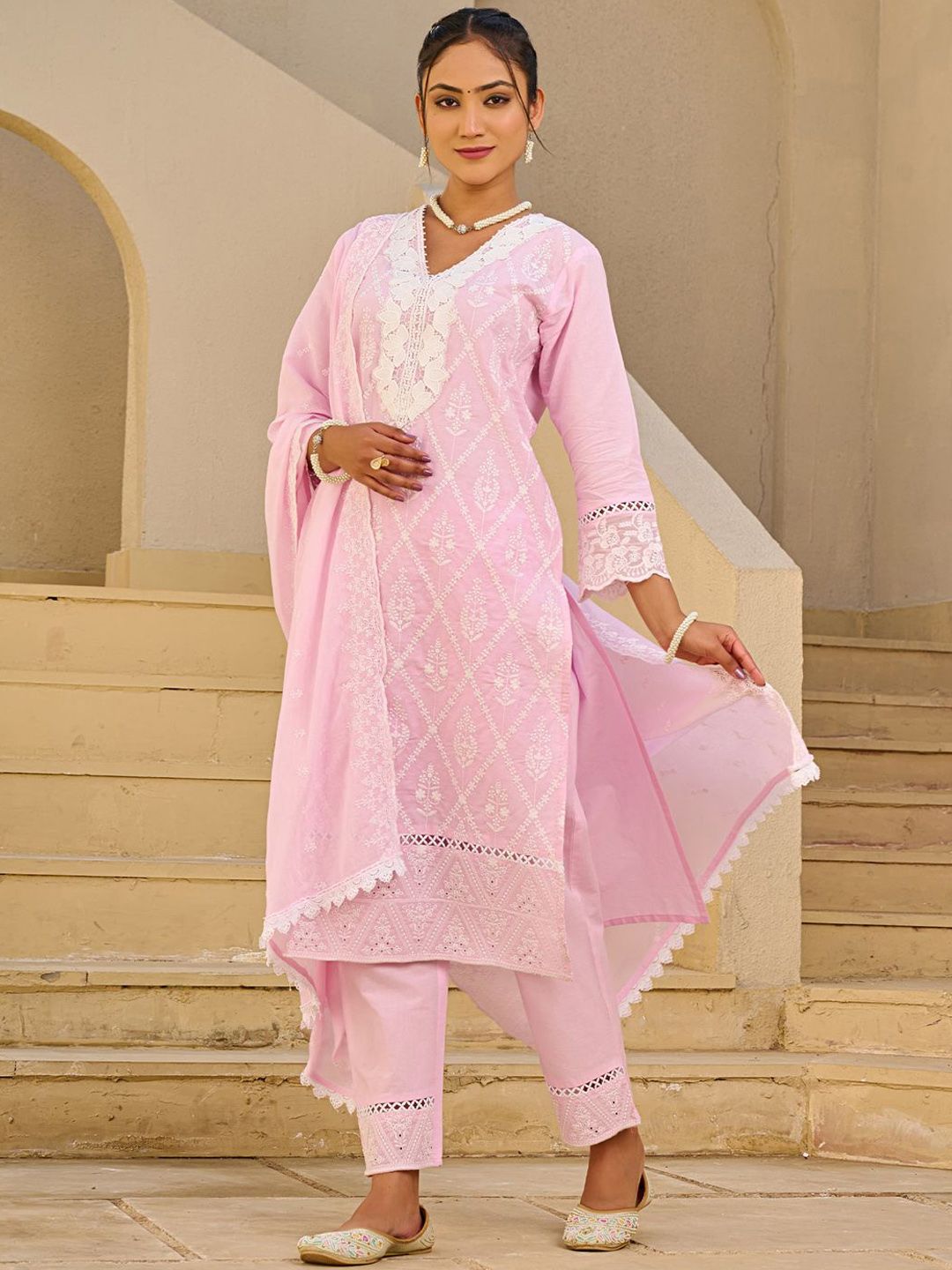Women Embroidered Regular Thread Work Pure Cotton Kurta Set With Dupatta