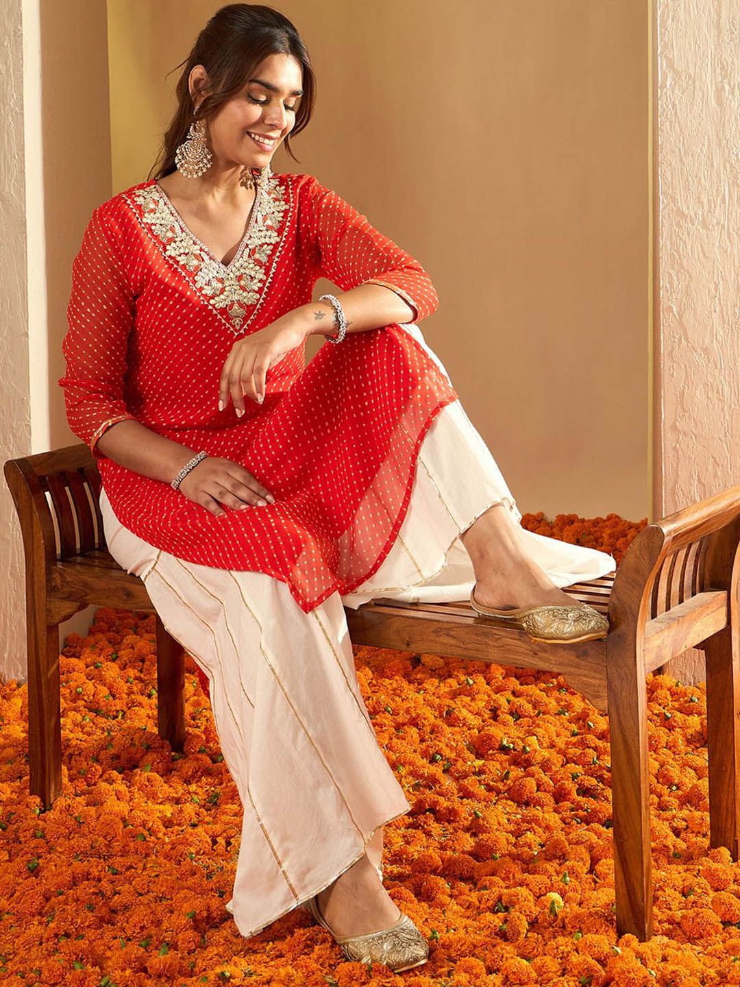 Dhiyona IE Leheriya Printed Gotta Patti Straight Kurta