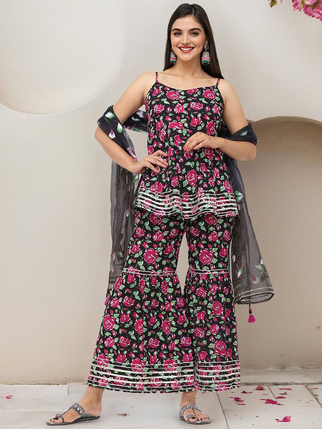 Dhiyona IS Women's Floral Printed Gotta Patti Pure Cotton Kurti with Sharara & Dupatta
