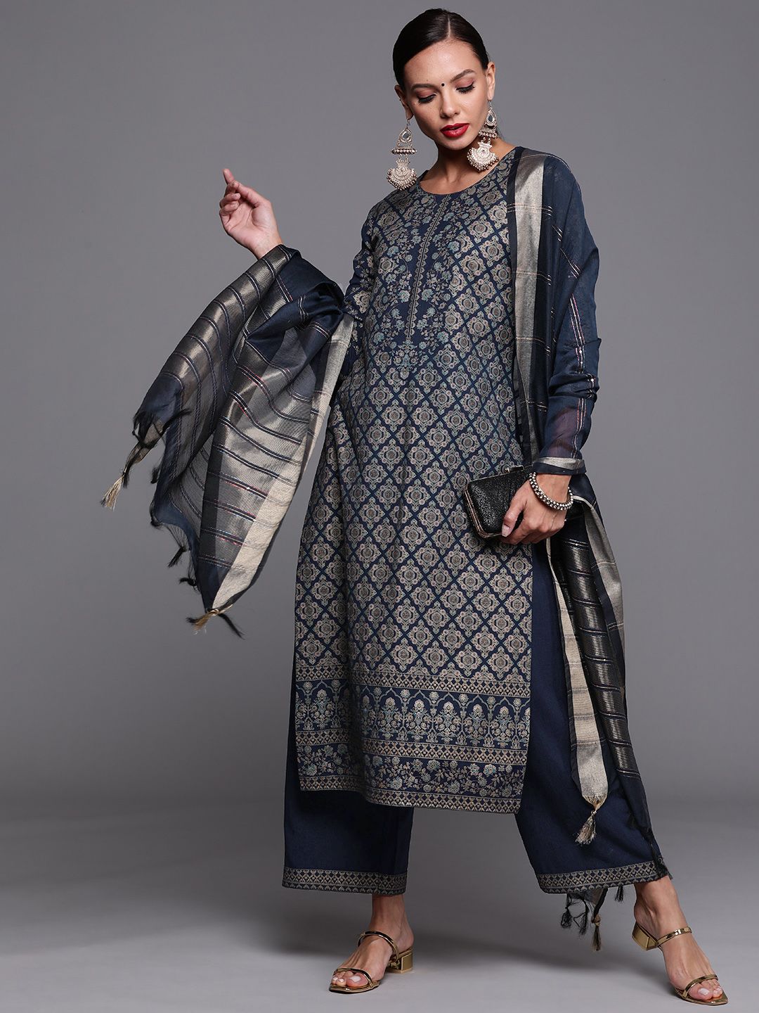 Women Navy Blue Ethnic Motifs Foil Print Sequinned Kurta with Palazzos & Dupatta
