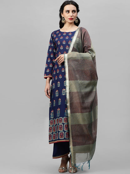 Women Navy Blue Ethnic Motifs Printed Liva Kurti Set & With Dupatta