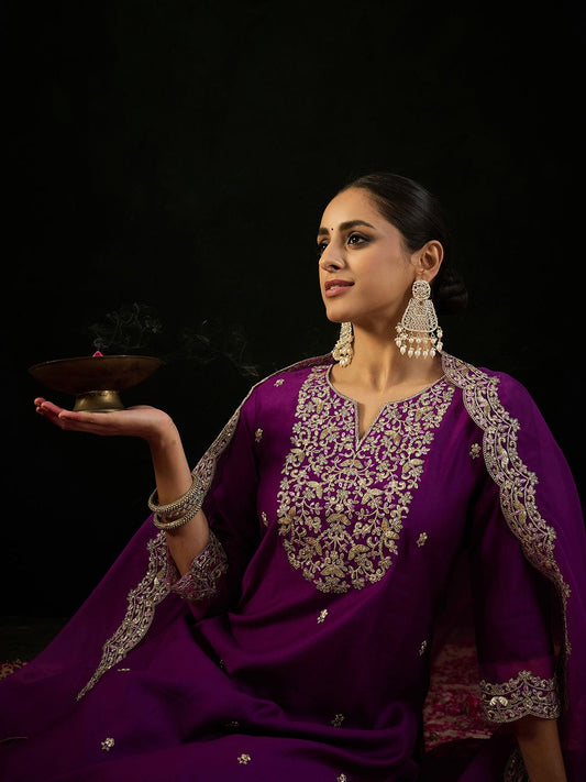 Dhiyona IE Notched Neck Floral Embroidered Liva Kurta with Trouser & Dupatta