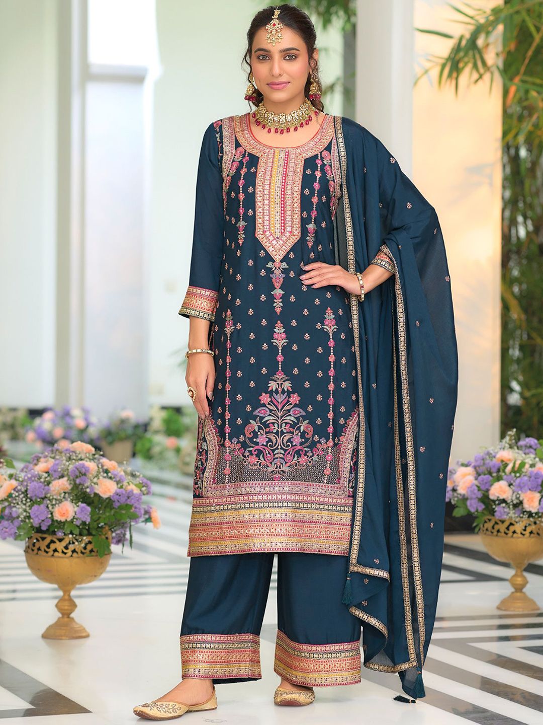 Dhiyona IE Women Ethnic Motifs Embroidered Regular Mirror Work Kurta with Palazzos & With Dupatta