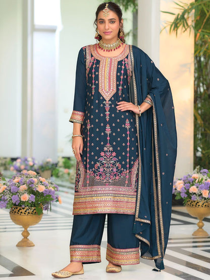 Dhiyona IE Women Ethnic Motifs Embroidered Regular Mirror Work Kurta with Palazzos & With Dupatta