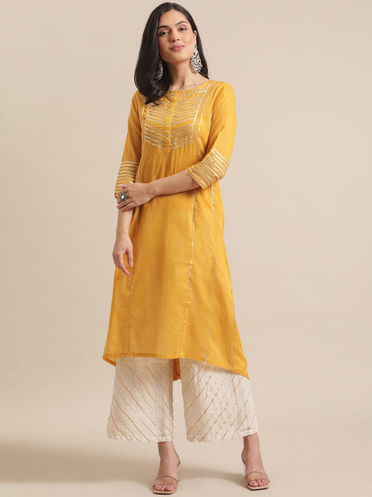 Dhiyona VA Women's Mustard Yellow Panelled Gotta Patti Pure Cotton Kurta with Trousers