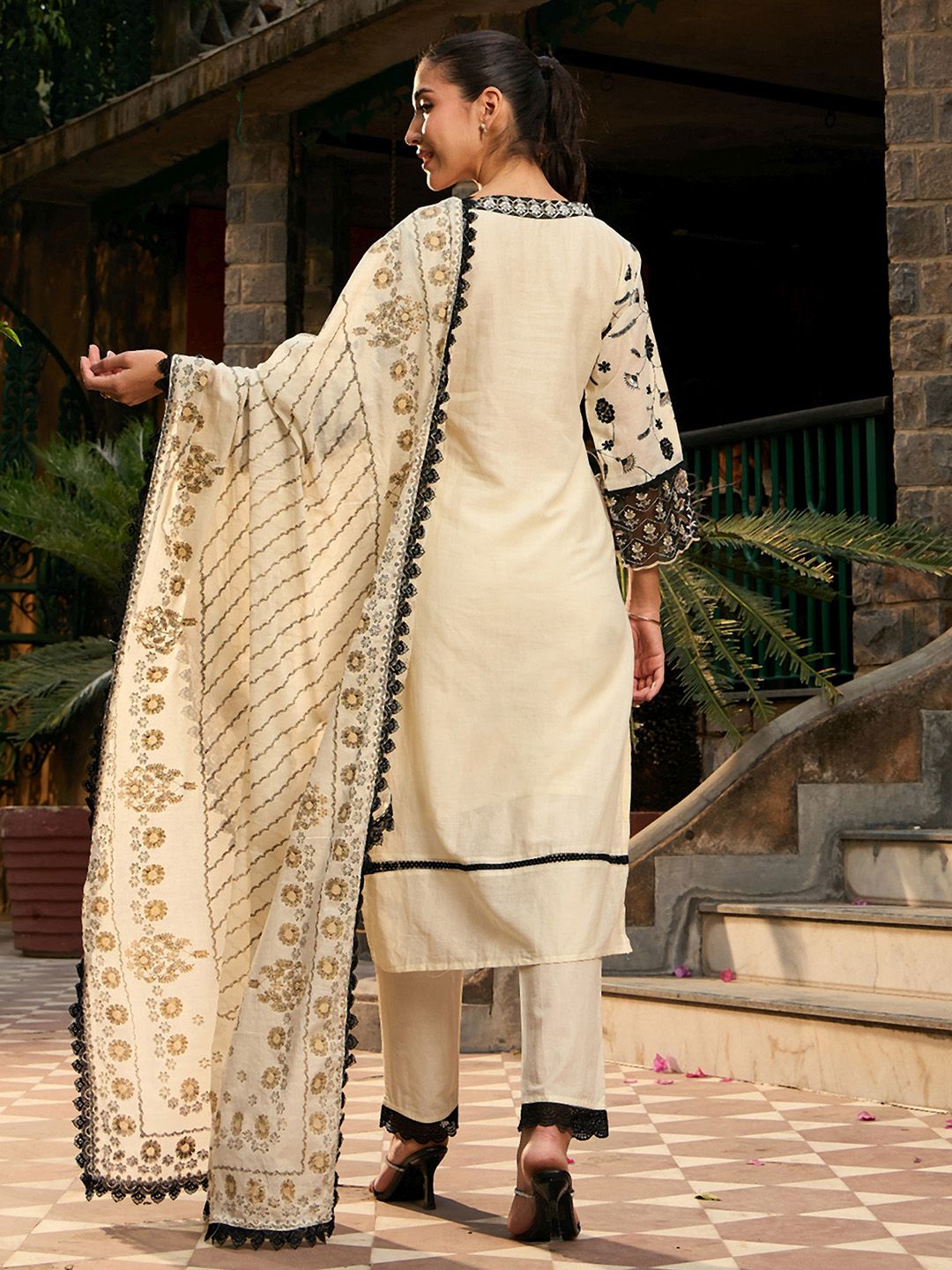 V Neck Floral Embroidered Thread Work Pure Cotton Kurta with Trouser & Dupatta