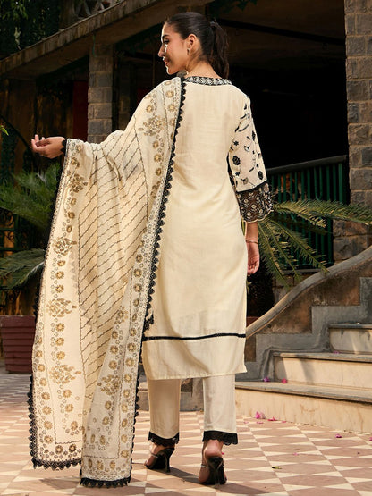 V Neck Floral Embroidered Thread Work Pure Cotton Kurta with Trouser & Dupatta