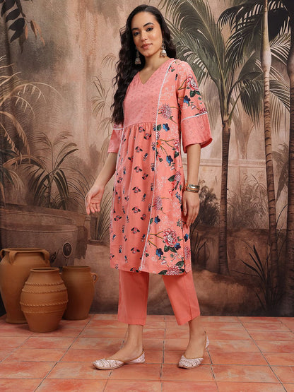 Dhiyona SN Women's Floral Print Schiffli Embroidered Lace Insert Detail Pure Cotton Kurta & Trousers