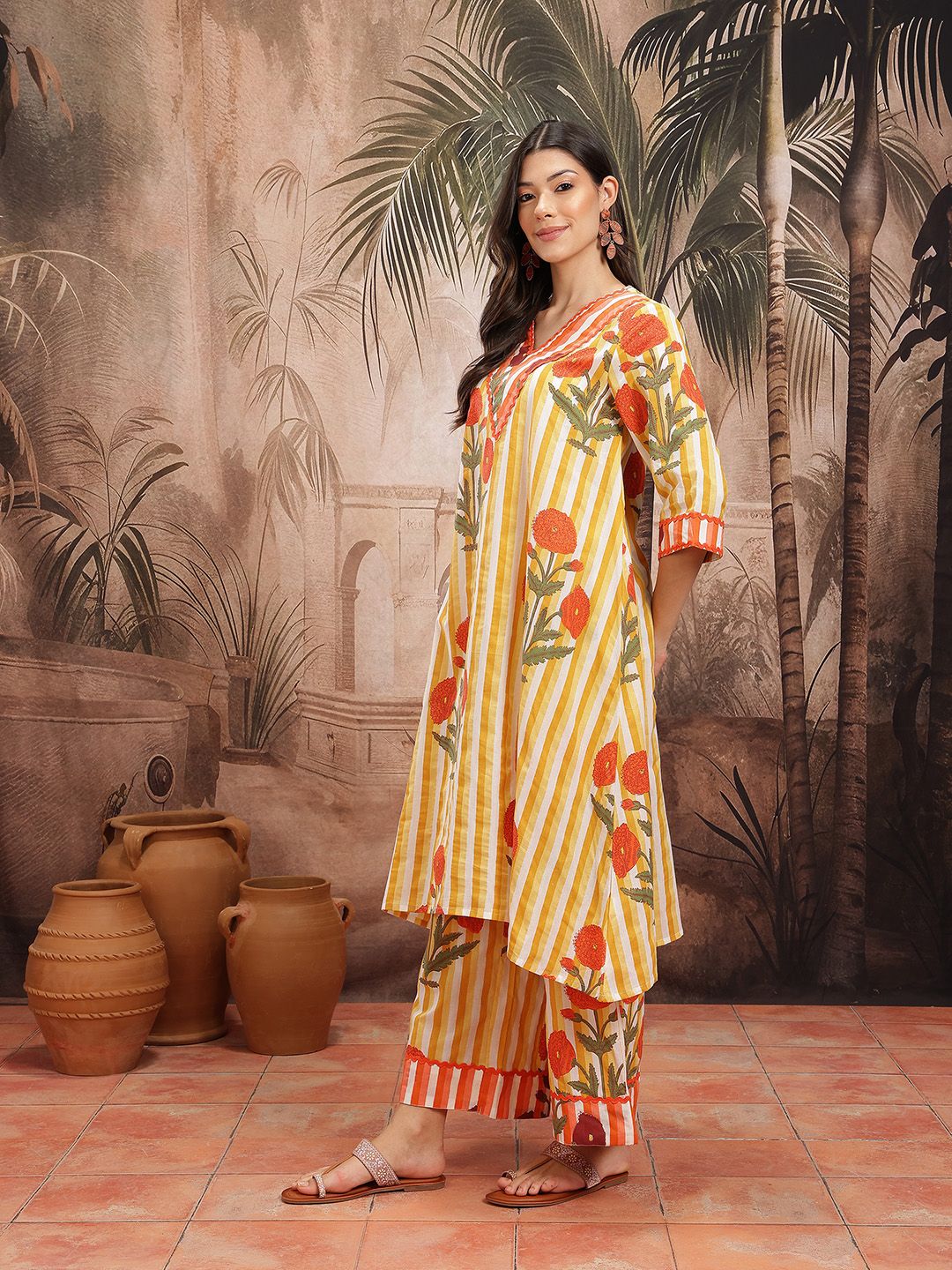 Dhiyona SN Women's Floral Striped Pure Cotton Kurta with Palazzos & Dupatta