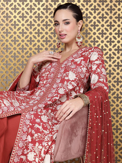 Dhiyona PD Women Jashn Ethnic Motifs Foil Printed A-Line Kurta With Palazzos & Dupatta