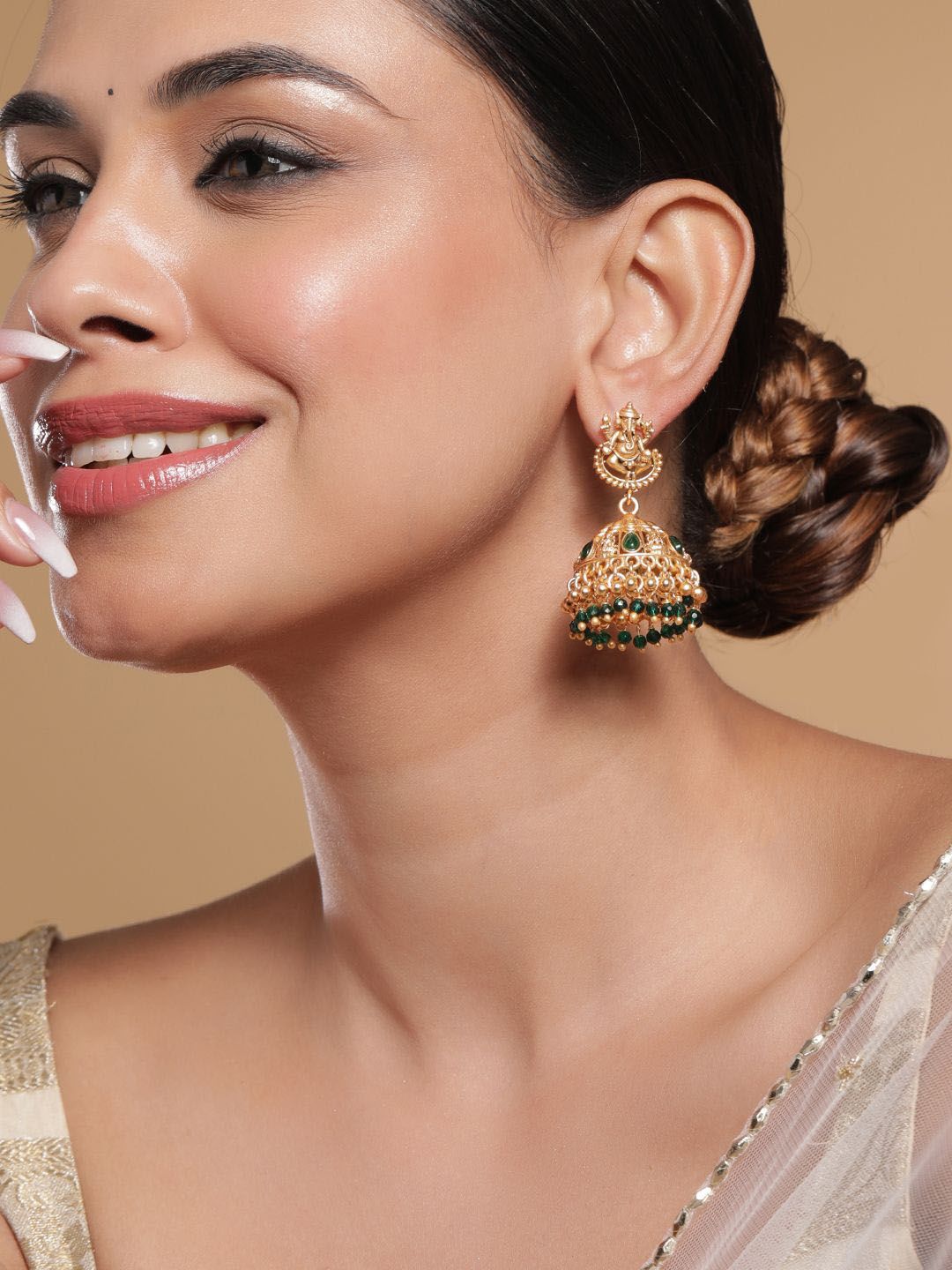 Dhiyona RJ Women's 18K Gold Plated Emerald Green Beaded Ganesha Temple Jhumka Earrings