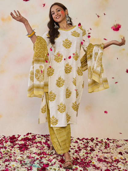 Women Ethnic Motifs Printed Regular Pure Cotton Kurta with Salwar & With Dupatta