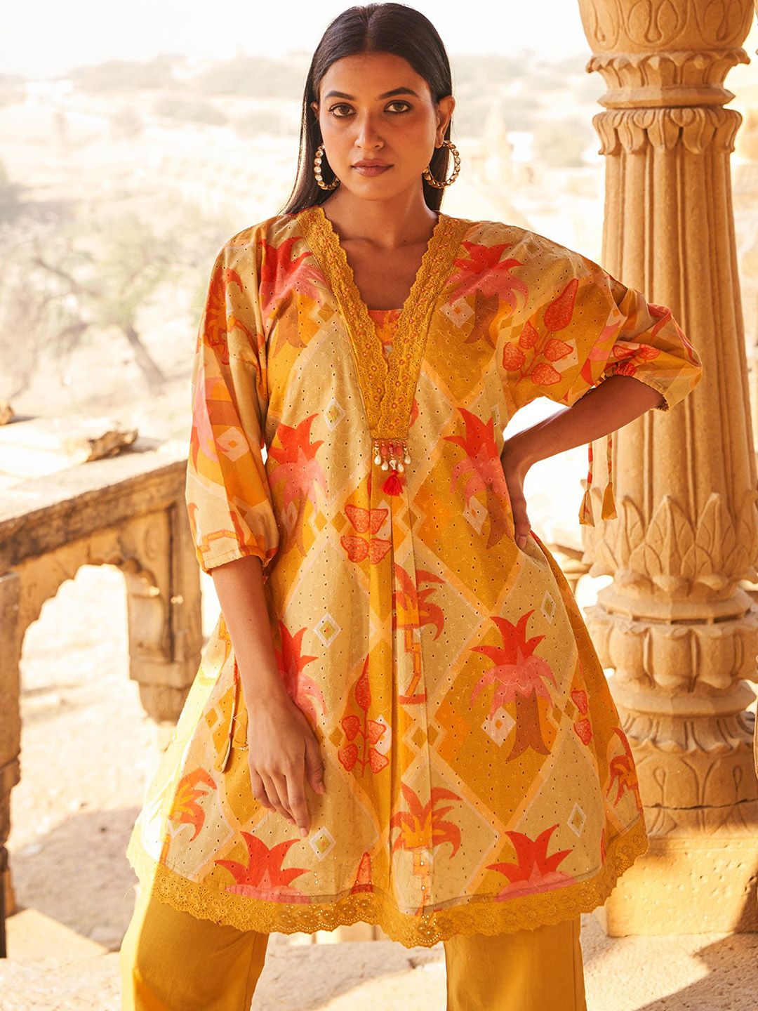 Floral Self Design Beads And Stones V-Neck A-Line Pure Cotton Kurta With Trousers