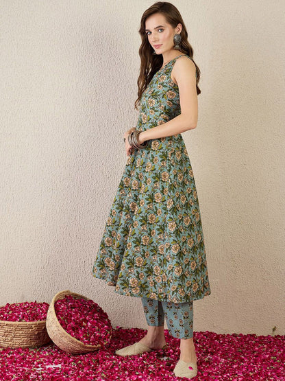 Floral Printed V-Neck Pure Cotton A-Line Kurta With Trouser