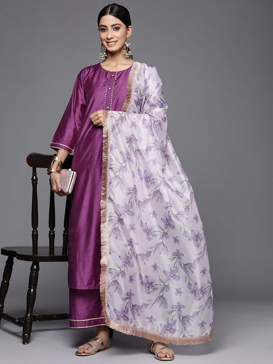 Dhiyona VA Women'sRound Neck Straight Kurta With Trousers & Dupatta