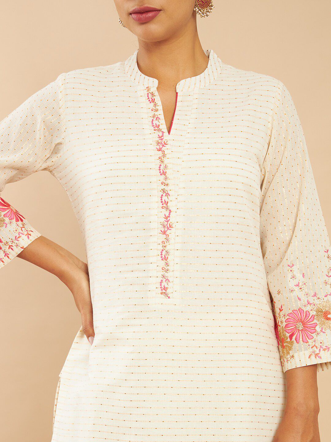 Dhiyona SO Women's Women Off-White Embroidered Panelled Pure Cotton Kurta with Trousers