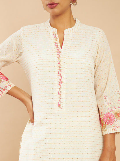 Dhiyona SO Women's Women Off-White Embroidered Panelled Pure Cotton Kurta with Trousers