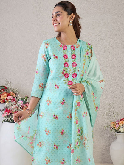 Dhiyona IE Women Floral Embroidered Thread Work Linen Kurta with Trousers & With Dupatta