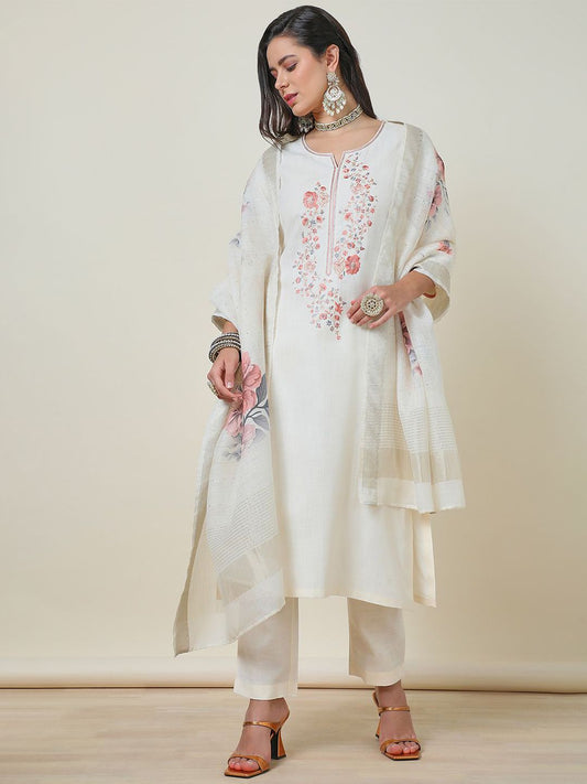 Dhiyona SO Women's Silk Blend Embroidered Suit Set With Thread Work