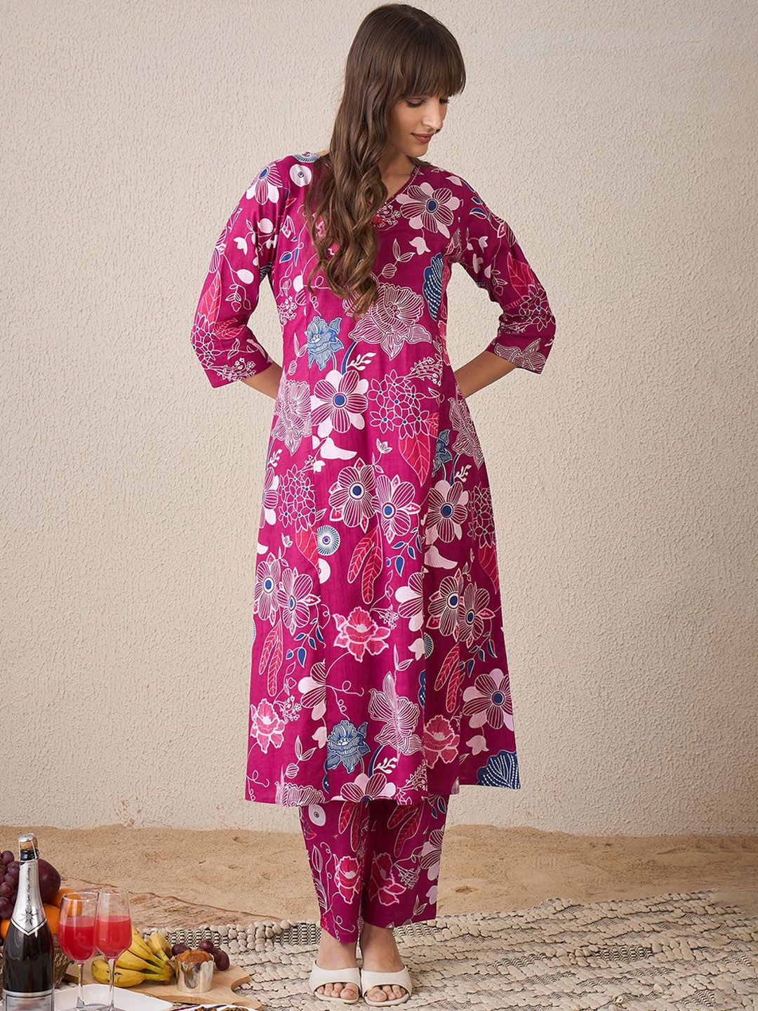 Dhiyona IE Printed V-Neck Pure Cotton A-Line Tunic With Trouser