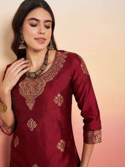 Women Maroon Floral Embroidered Regular Kurta with Trousers & Art Silk