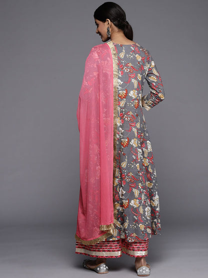 Dhiyona VA Women's Grey Floral Printed Gotta Patti Pure Cotton Kurta with Sharara & With Dupatta