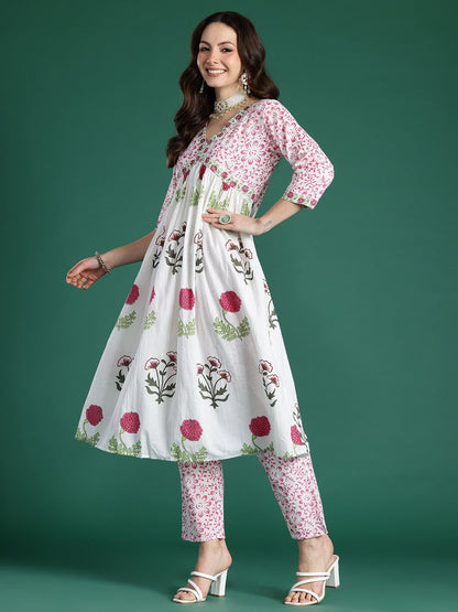 Dhiyona IE Floral Printed Empire Pure Cotton Kurta with Trousers & With Dupatta