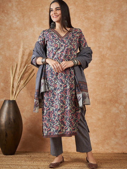 Dhiyona SN Women's Floral Printed Straight Kurta With Trousers & Dupatta