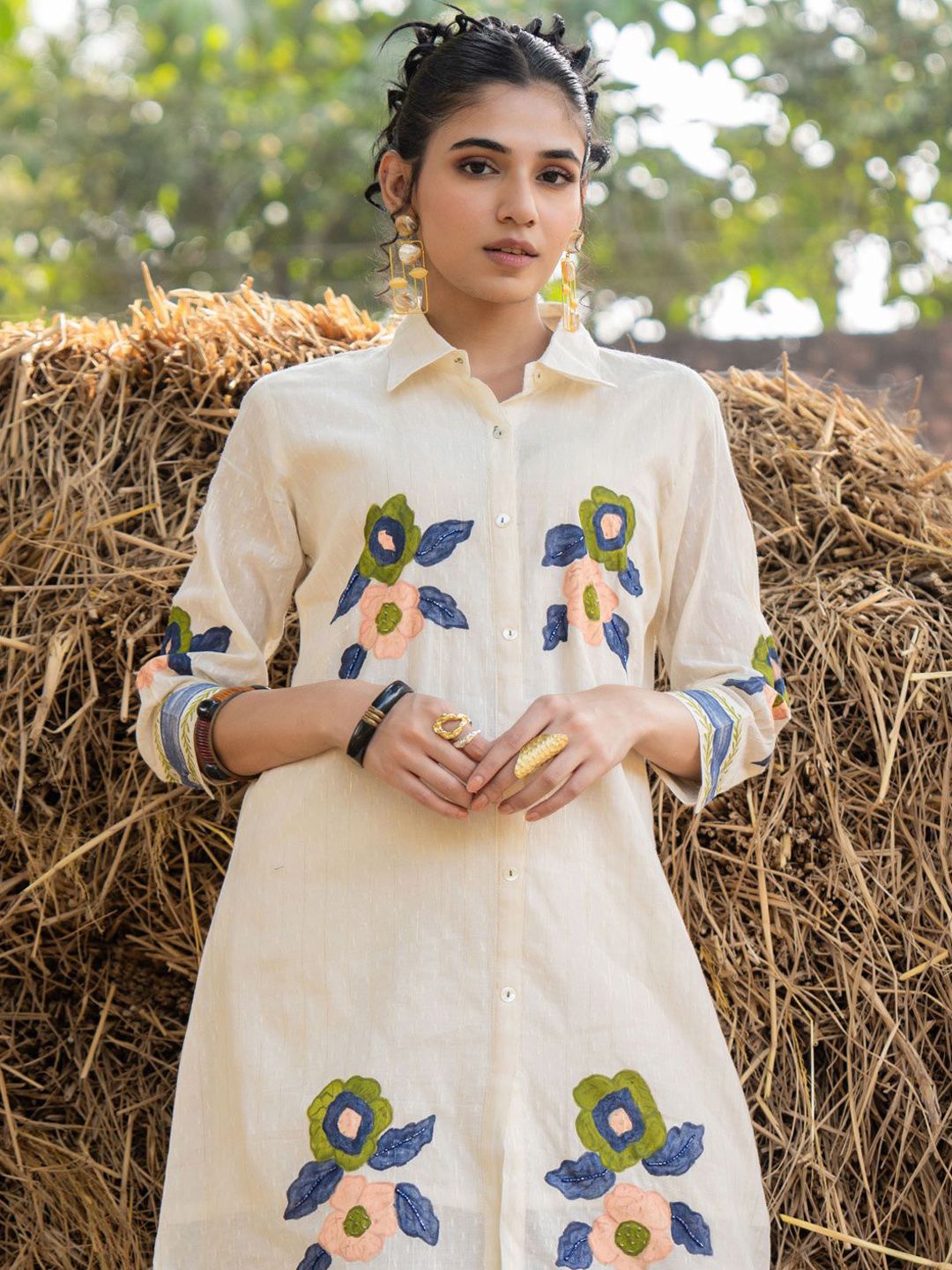 Dhiyona IE Floral Printed Shirt Collar Pure Cotton Tunic With Trouser