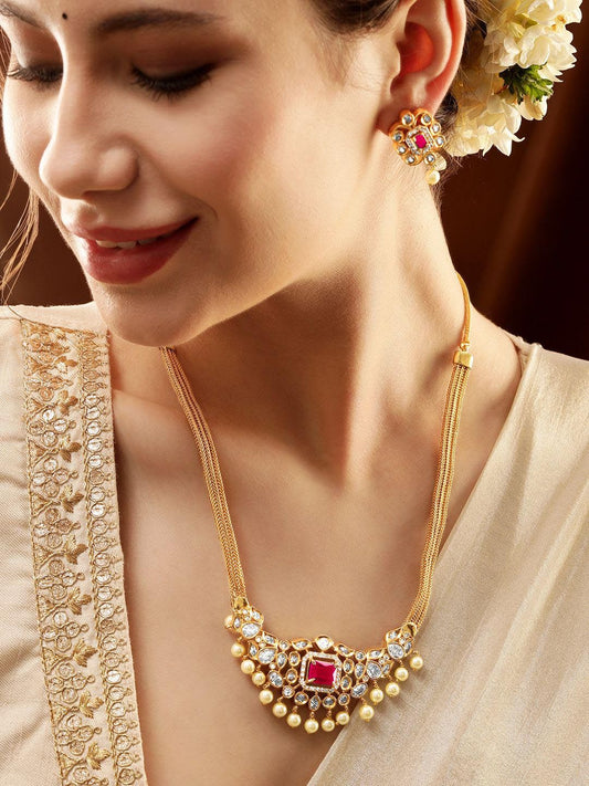 Dhiyona RJ Women's 22K Gold-Plated Ruby & Cubic Zirconia Studded Necklace Set with Pearl Accents