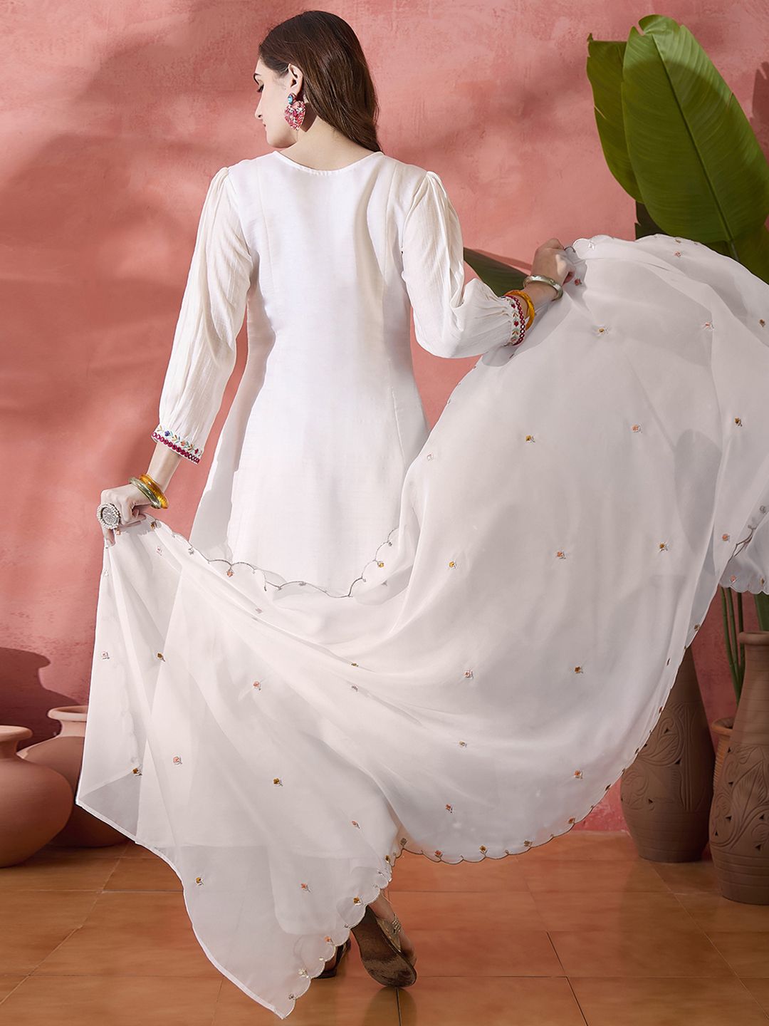 Dhiyona SN Women's White Thread Work Round Neck A-Line Kurta With Trousers And Dupatta