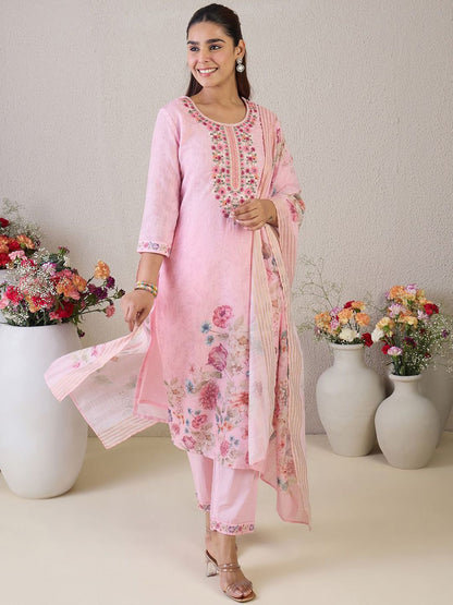Women Floral Embroidered Linen Kurta with Trousers & Dupatta