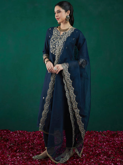 Dhiyona IE Floral Embroidered Regular Thread Work Liva Kurta With Trousers & Dupatta