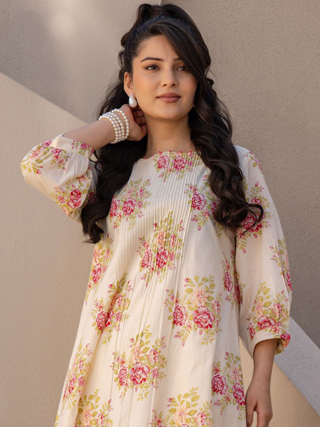 Dhiyona IE Floral Printed Pure Cotton Tunic With Trousers Co-Ords