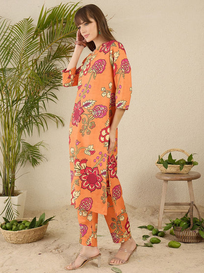 Dhiyona IE Floral Screen Printed V-Neck Straight Kurta With Trousers