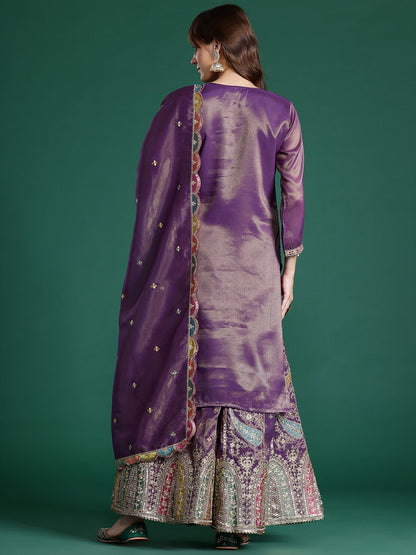 Ethnic Motifs Embroidered Sequinned Kurta with Palazzos & Dupatta