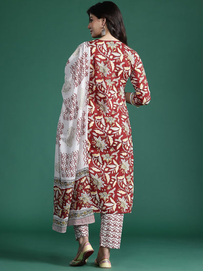 Dhiyona IE Floral Printed Pure Cotton Kurta With Trousers & Dupatta