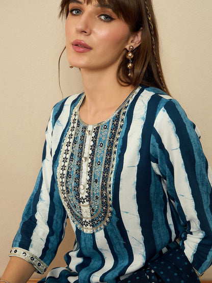 Striped Sequinned Straight Kurta With Trousers & Dupatta