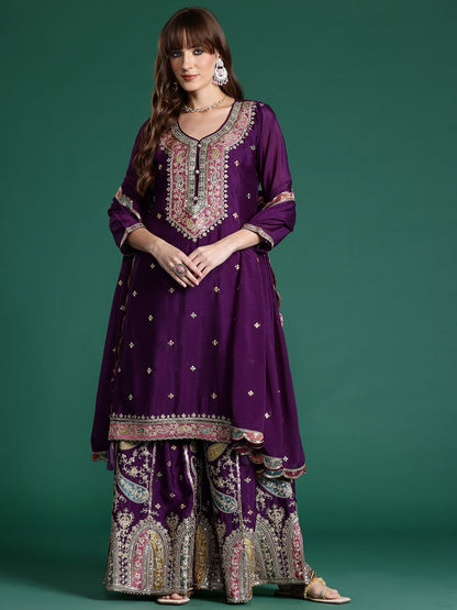 Paisley Embroidered Sequinned Kurta with Palazzos & With Dupatta