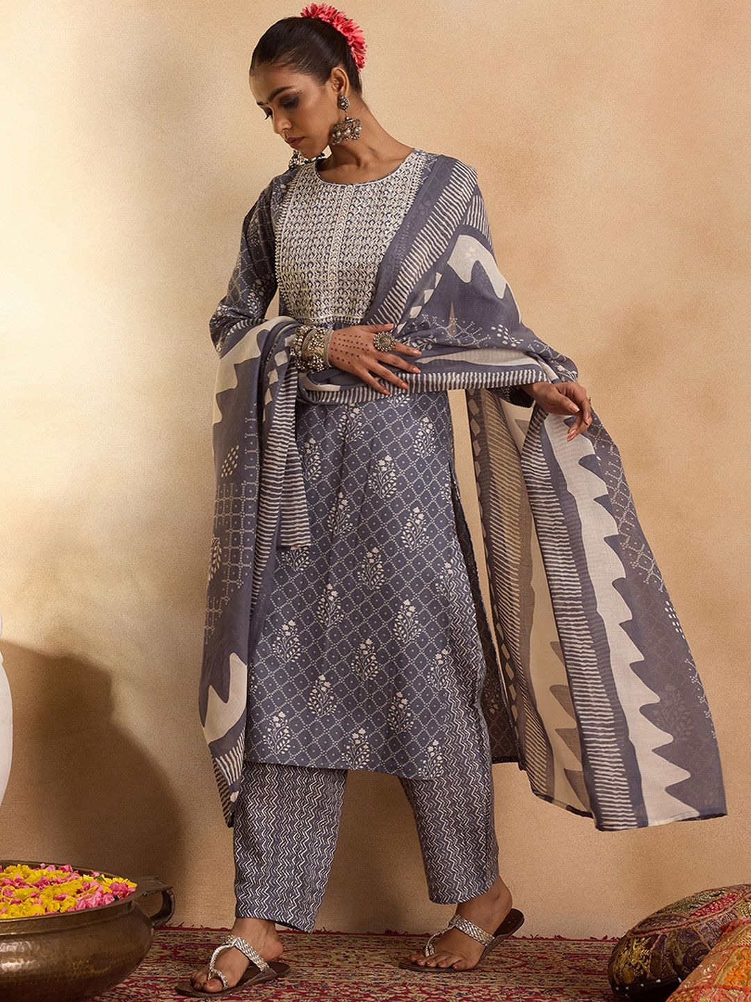 Dhiyona IE Floral Printed Pure Cotton Straight Kurta with Trousers & Dupatta