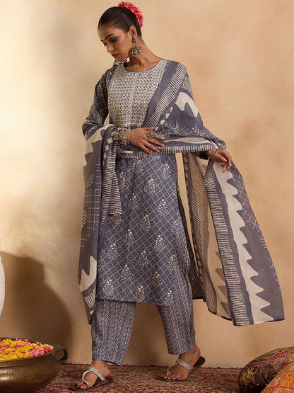 Dhiyona IE Floral Printed Pure Cotton Straight Kurta with Trousers & Dupatta