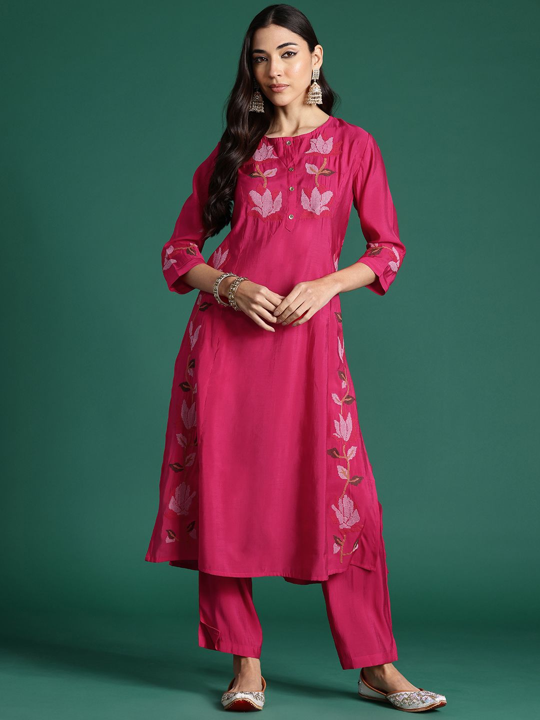 Floral Embroidered Thread Work Pure Cotton Kurta with Trousers