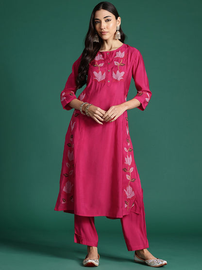 Floral Embroidered Thread Work Pure Cotton Kurta with Trousers