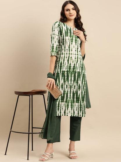 Dhiyona VA Women'sGreen Shibori Printed Sequinned Pure Cotton Kurta With Trousers & Dupatta