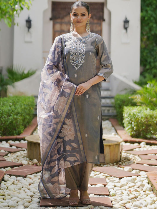 Dhiyona IE Women Floral Embroidered Regular Liva Kurta with Trousers & With Dupatta