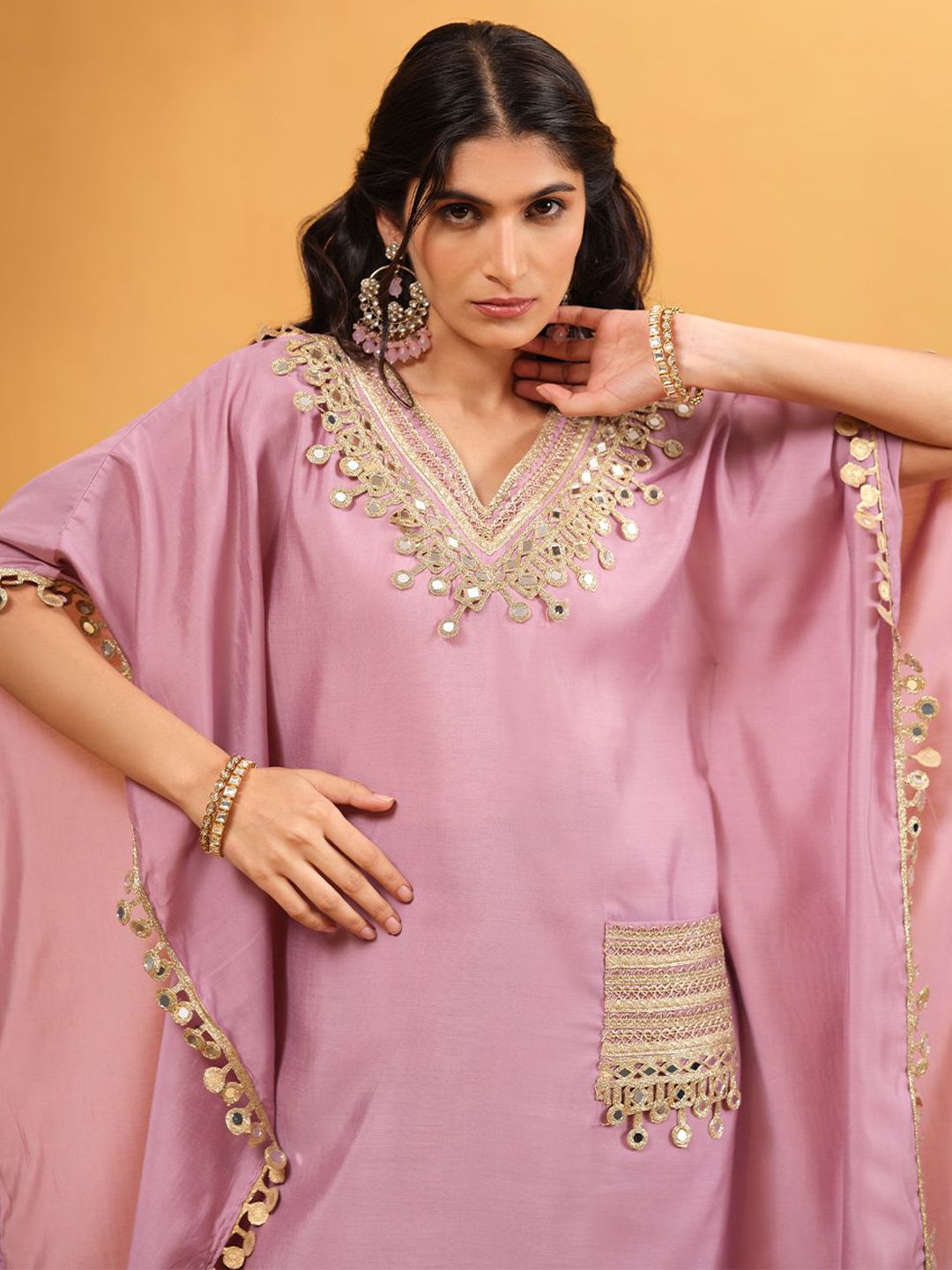 Dhiyona IS Women's Mirror Work V-Neck Kurta with Trousers