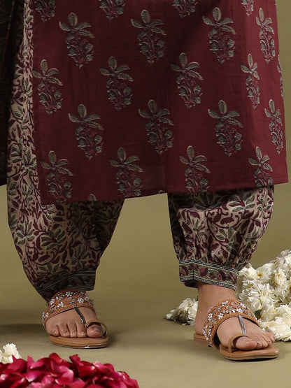 Floral Printed V-Neck Pure Cotton Straight Kurta with Salwar & Dupatta